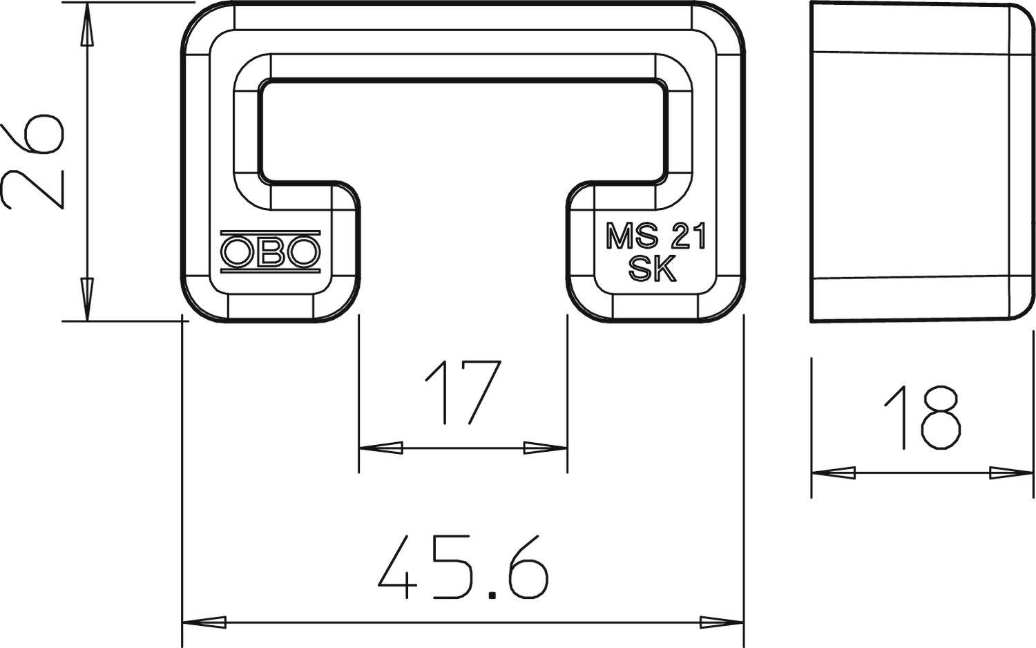 Technische Zeichnung eines Metalltragegriffs. Breitenmaße: 45,6 mm, Höhe: 26 mm. Seitliche Tiefe: 18 mm. Beschriftung: 'MS 21 SK'.