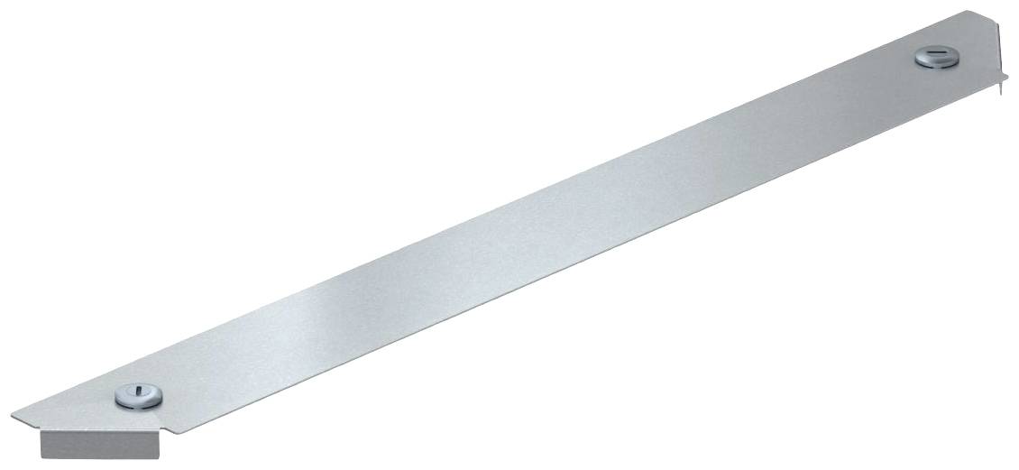 Metallische Abdeckplatte mit zwei Schrauben an den Enden, auf einem weißen Hintergrund.