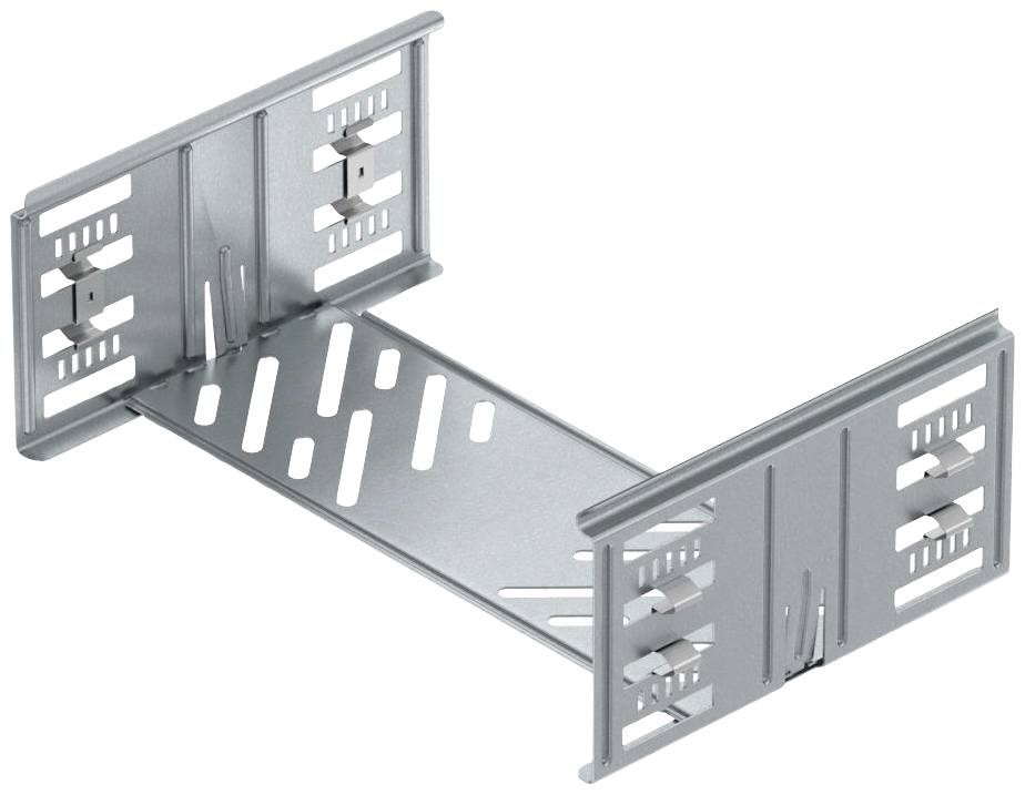 Ein silbernes Metallmontageteil, rechteckig mit seitlichen Schlitzen, vermutlich für die Installation von elektronischen Geräten.