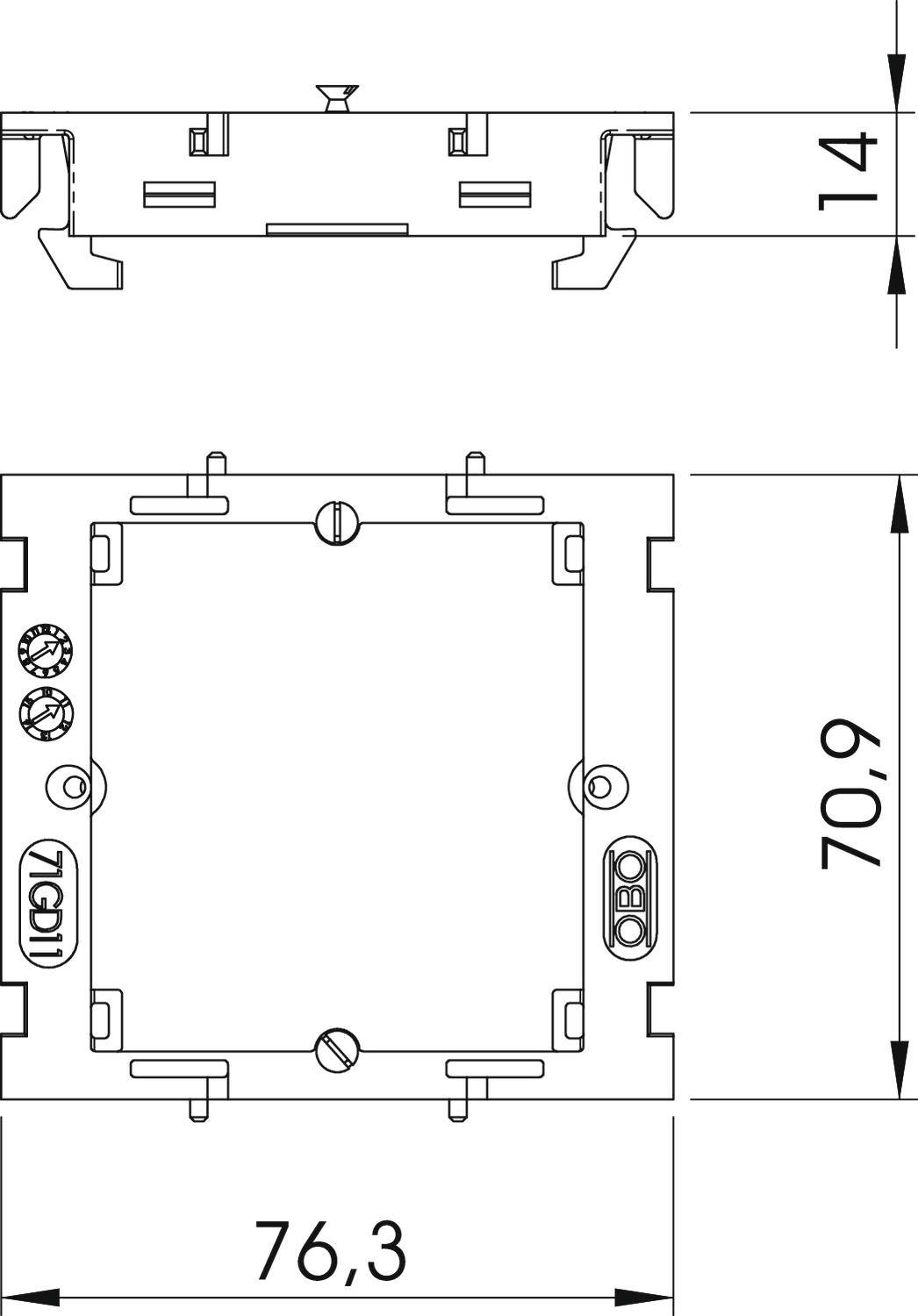 Technische Zeichnung eines quadratischen elektronischen Bauteils mit Maßen: 76,3 mm Breite, 70,9 mm Höhe, 14 mm Tiefe.