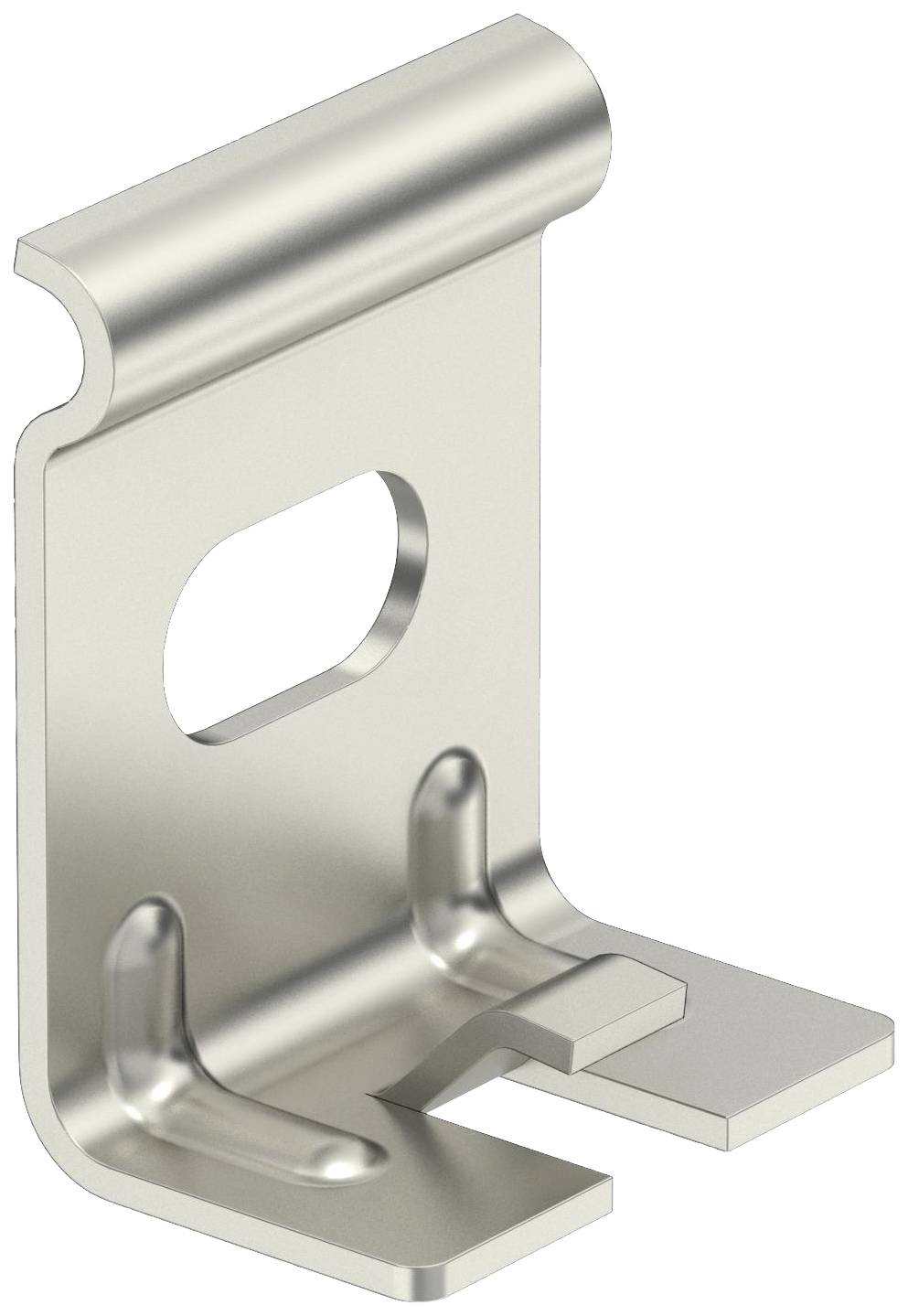 Metallklammer mit rechteckiger Öffnung in der Mitte und zwei abgewinkelten Füßen unten, zur Befestigung verwendet.