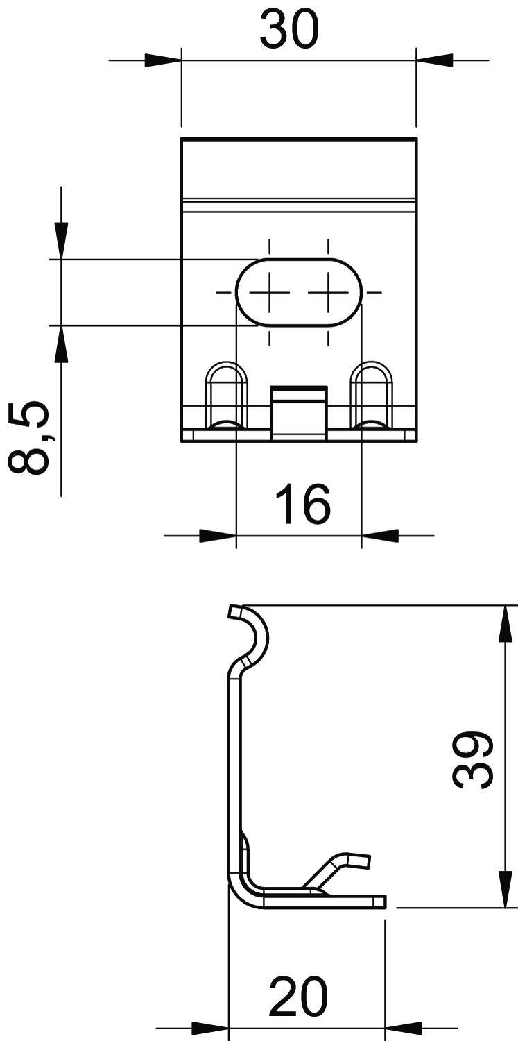 Technische Zeichnung eines rechteckigen Objekts mit Maßen: 30 x 16 (Oberseite), 39 x 20 (Seitenansicht), 8,5 Einheiten Höhe.