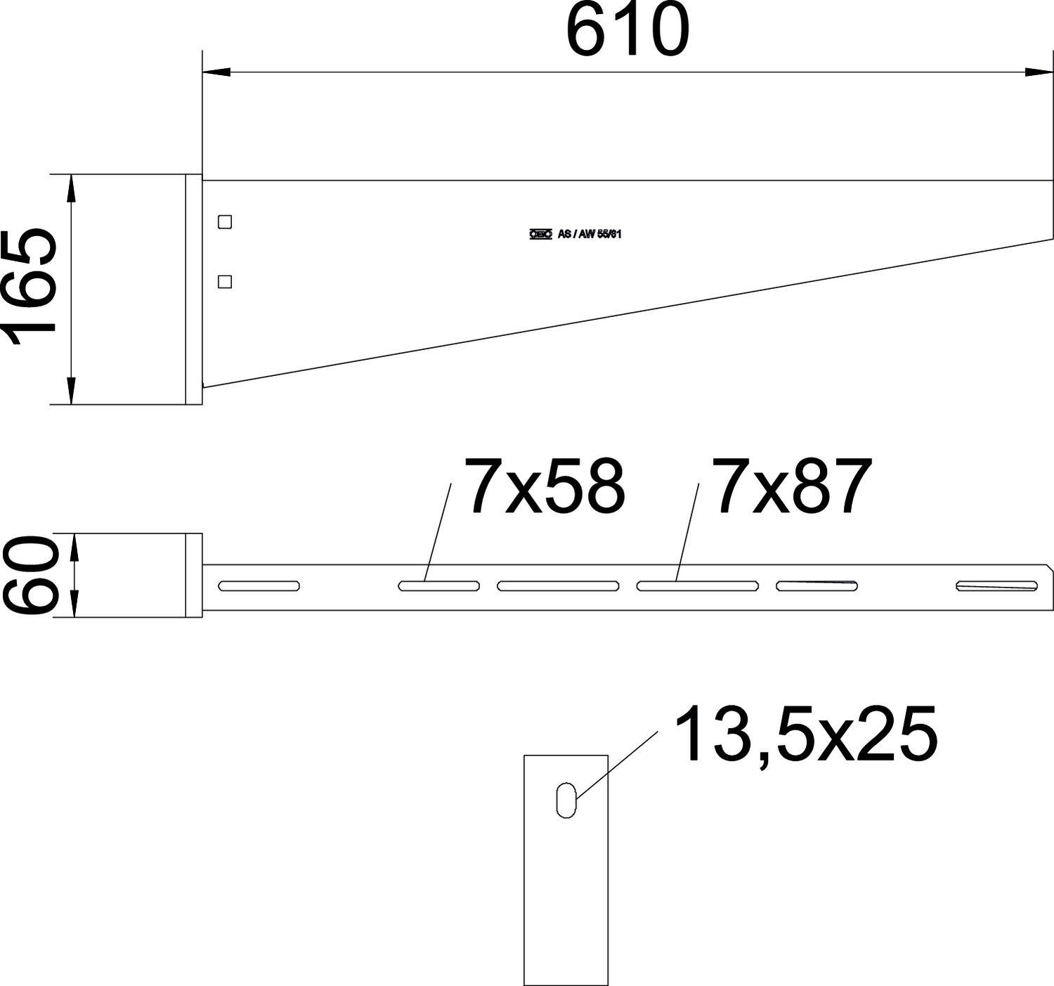 Zeichnung eines metallischen Halters mit Abmessungen: Länge 610 mm, Höhe 165 mm, Breite 60 mm, und Bohrungen 7x58, 7x87, 13,5x25 mm.