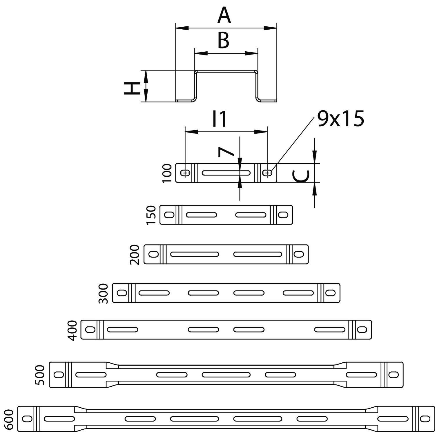 Technische Zeichnung von Metallprofilen in verschiedenen Längen (100 bis 600 mm) mit Maßen A, B, H und Bohrungen 9x15 mm.