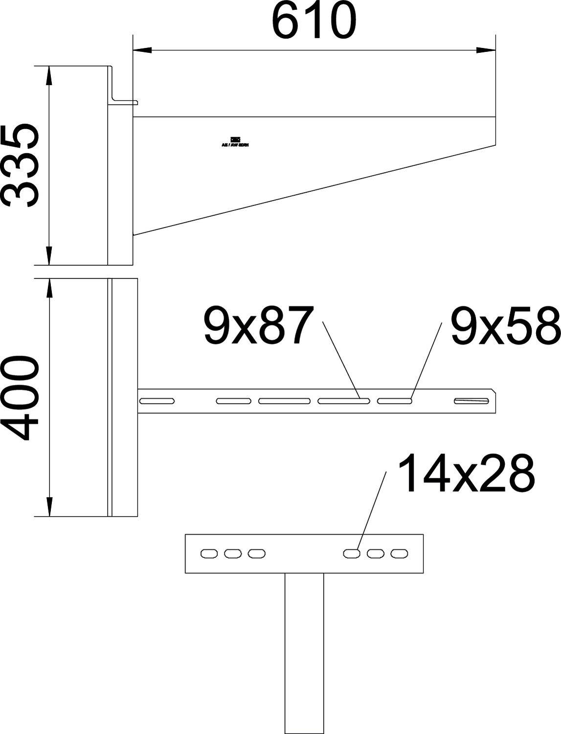 Technische Zeichnung eines Wandregals mit Maßen: Gesamtbreite 610 mm, Gesamthöhe 400 mm, seitlicher Überhang 335 mm, Bohrungen 9x87, 9x58 und 14x28.
