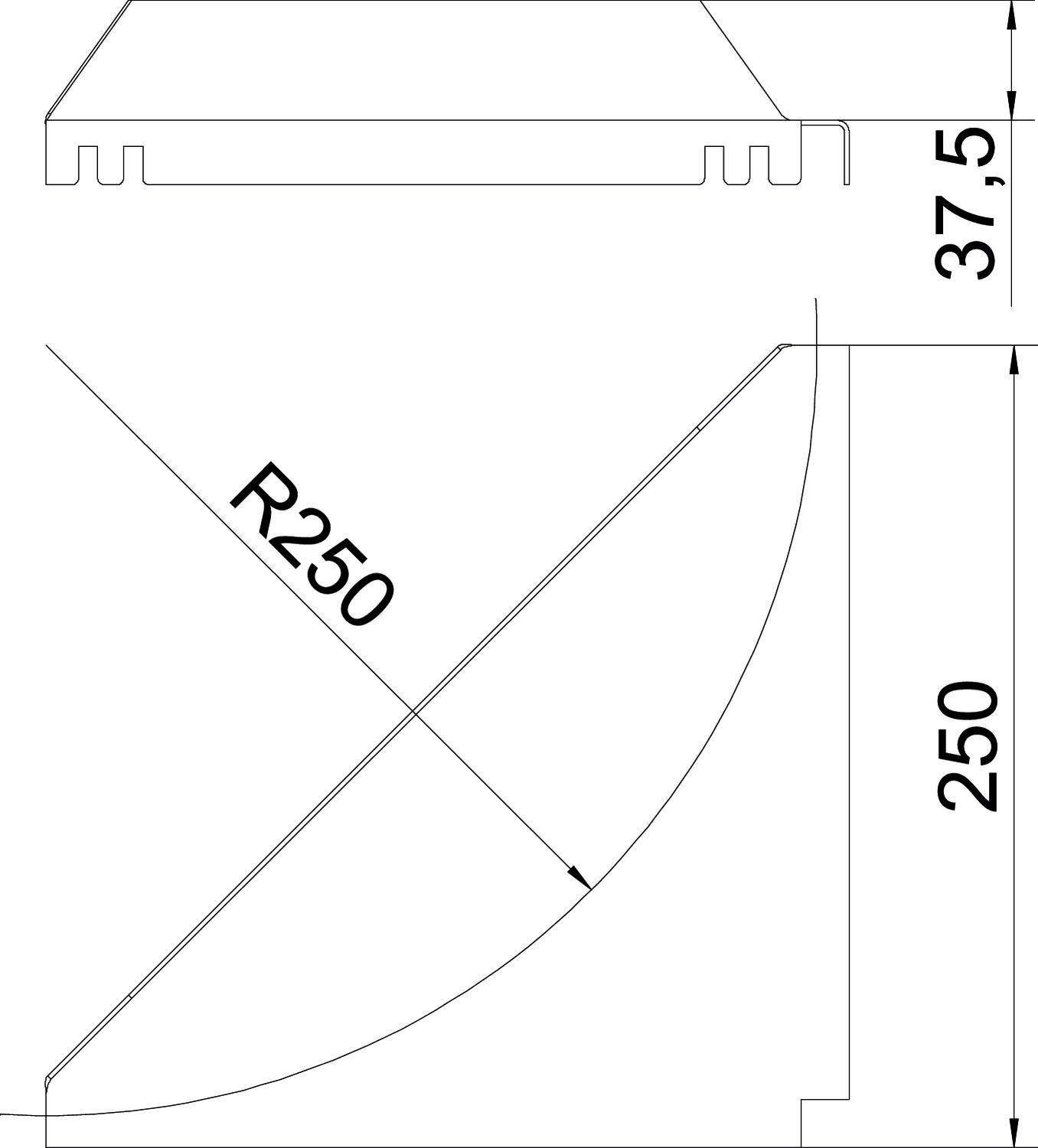 Abbildung eines technischen Diagramms mit einer Viertelkreisbiegung, Radius 'R250', Höhe 250 und Breite 37,5.