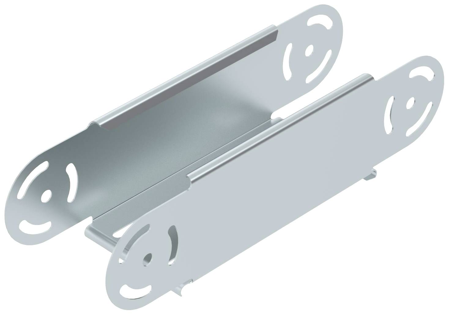 Metallwinkel in silberner Farbe, mit zwei parallelen, länglichen Platten und abgerundeten Enden, für Befestigungszwecke.
