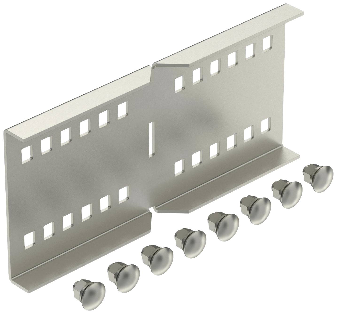 Metallhalterung mit mehreren Öffnungen, begleitet von sieben Schrauben. Dient zur Befestigung von Geräten oder Komponenten an der Wand.