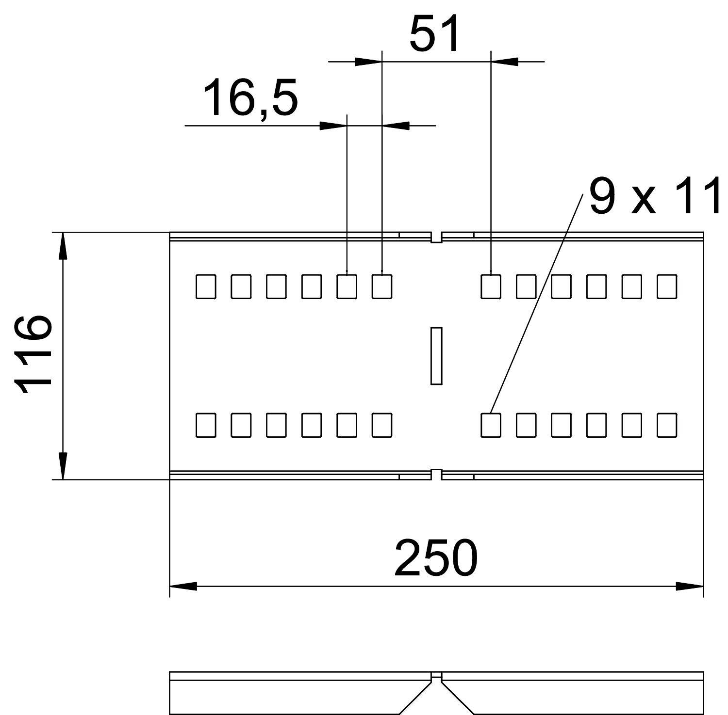 Technische Zeichnung eines rechteckigen Bauteils mit Abmessungen: 250 mm Länge, 116 mm Höhe, Bohrungen 9 x 11 mm.