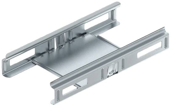 Metallhalterung in silberner Farbe, horizontal ausgerichtet, mit mehreren rechteckigen Aussparungen an den Seiten.
