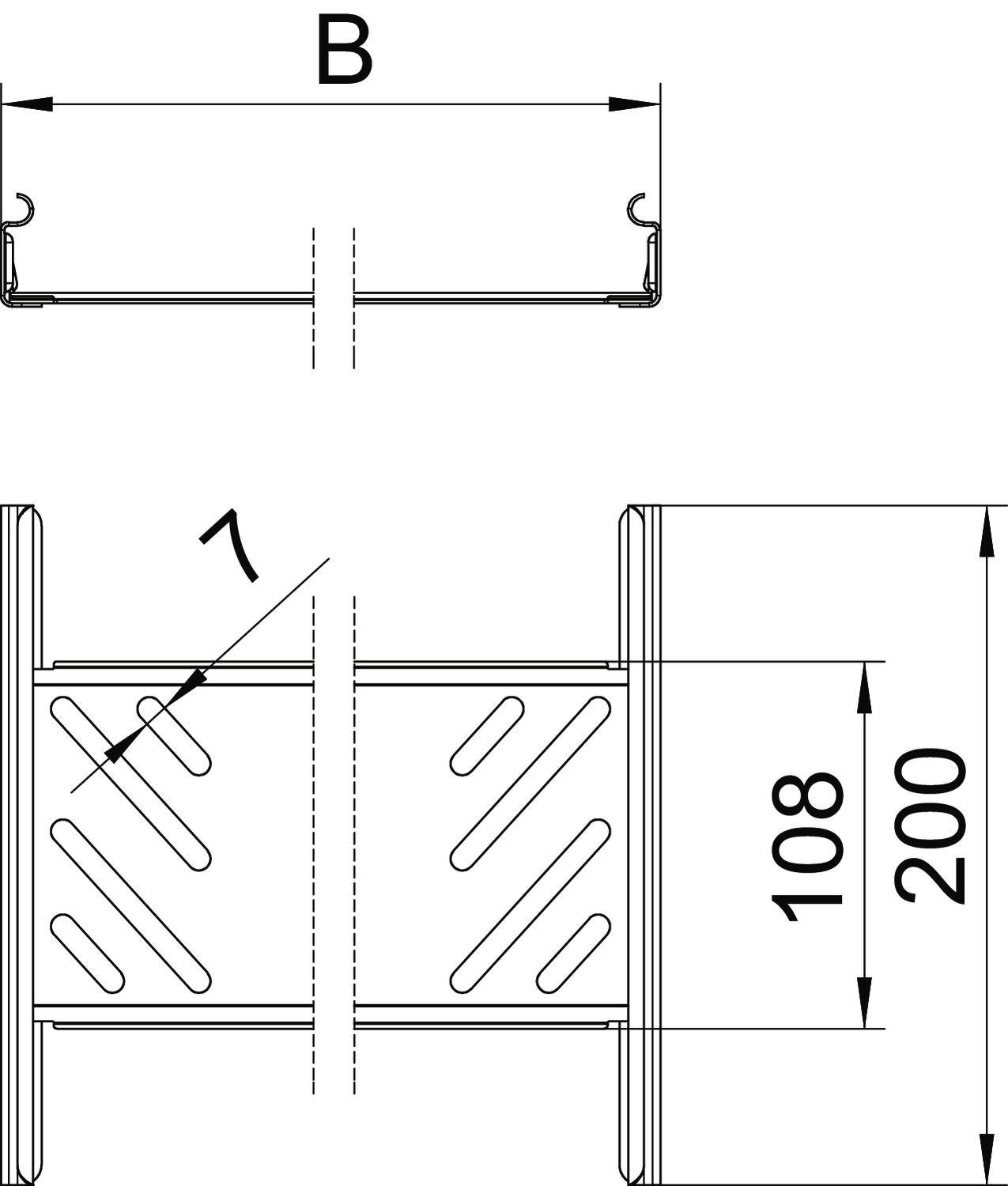 Diagramm einer strukturellen Komponente mit Maßen. Oben: Breite mit 'B' gekennzeichnet. Unten: Höhe von 108mm, Gesamtbreite 200mm.