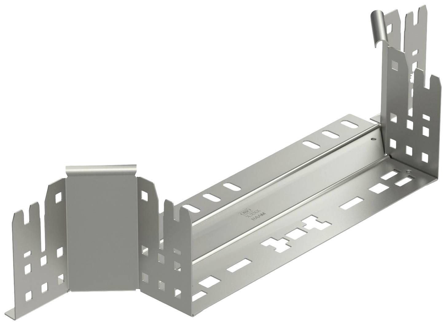 Metallrahmen mit rechteckiger Grundplatte und hochstehenden Seiten, die Aussparungen und Befestigungsschlitze für Kabelmanagement zeigen.