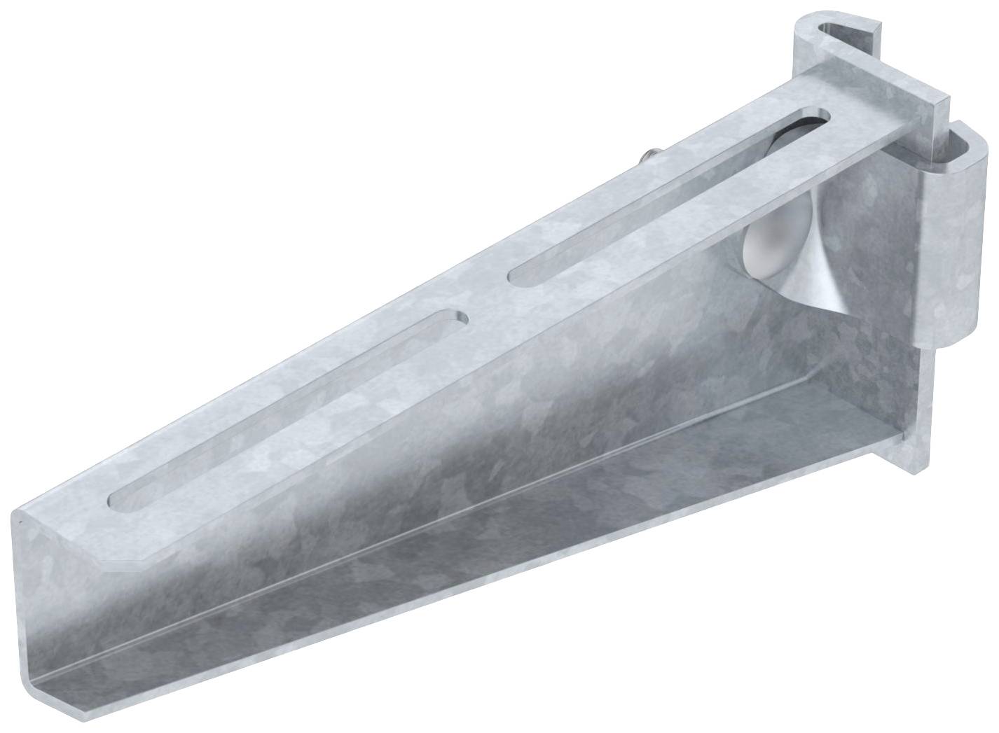 Metallische Halterung mit zwei langen, schmalen Schlitzen zur Befestigung, möglicherweise für Bauteile oder Konstruktionen geeignet.