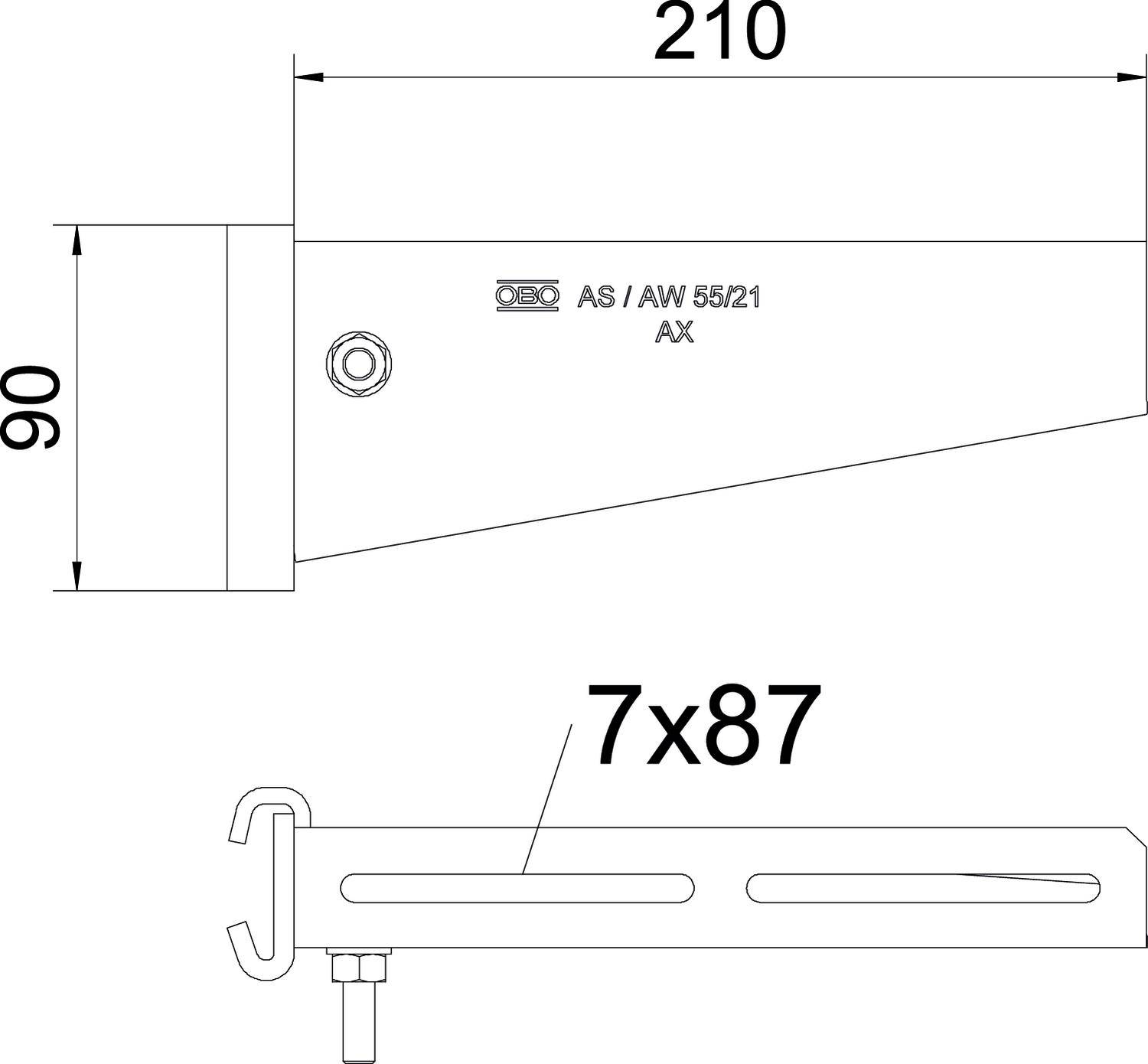 Technische Zeichnung eines Haltearms mit den Maßen: Länge 210 mm, Höhe 90 mm. Bezeichnung 'AS / AW 55/21 AX'. Seitliche Ansicht unten zeigt 7x87.