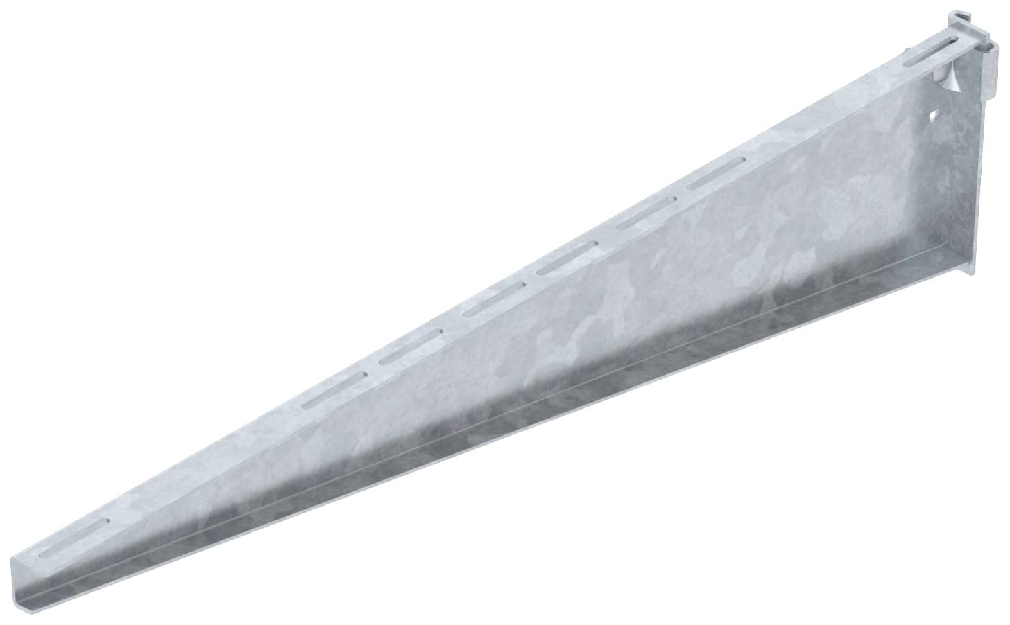 Metallwinkelträger; lang und spitz zulaufend, geeignet zur Unterstützung von Regalen oder Plattformen. Silber-grau, rechteckige Form.