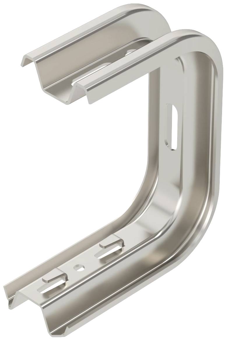 Metallwinkelstück mit gebogenem Design und Befestigungslöchern, geeignet für strukturelle Verbindungen oder Regalsysteme.