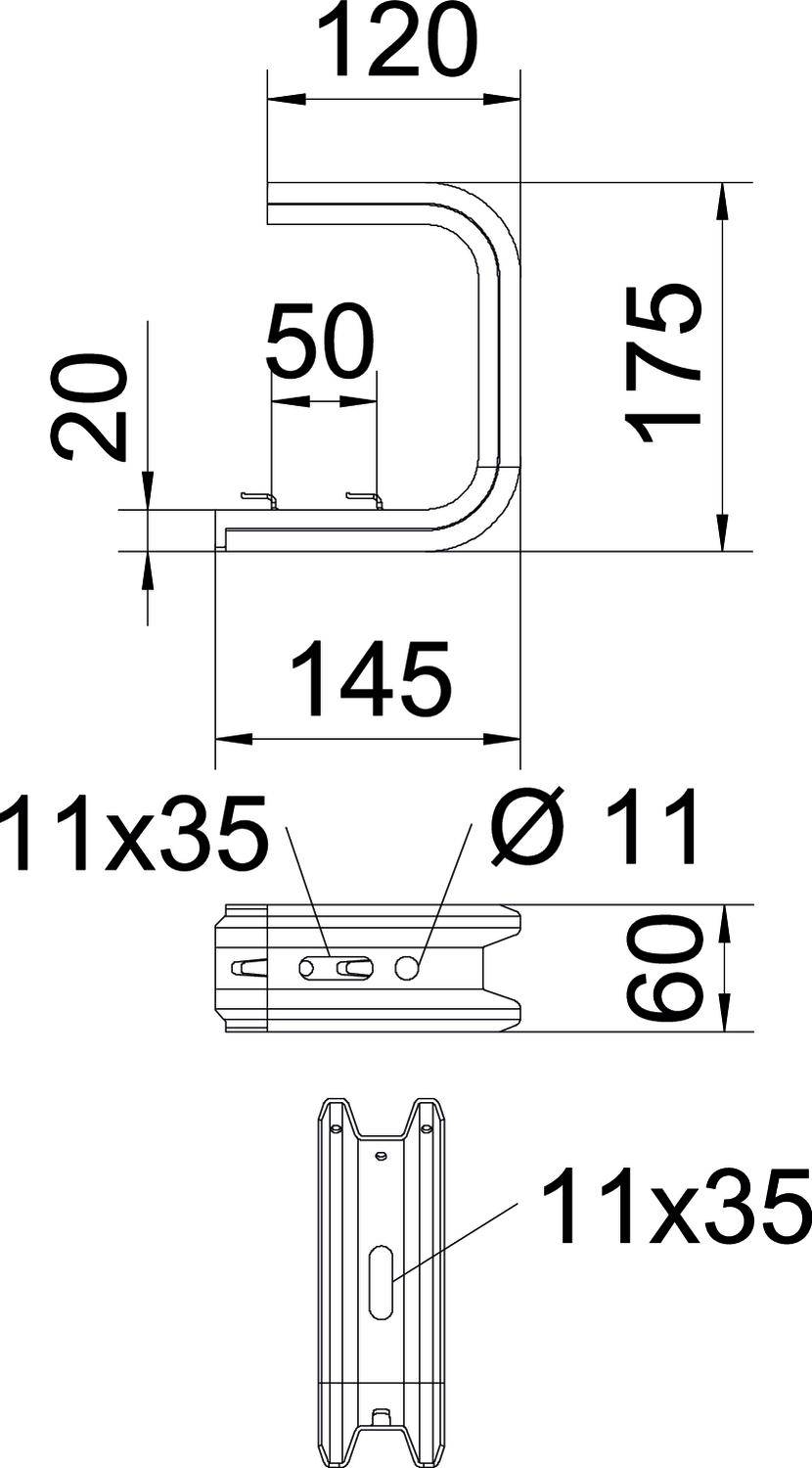 Technische Zeichnung eines Metallprofils mit Maßen: Länge 175 mm, Breite 145 mm und Höhe 120 mm. Öffnungen: 11x35 mm und Durchmesser 11 mm.