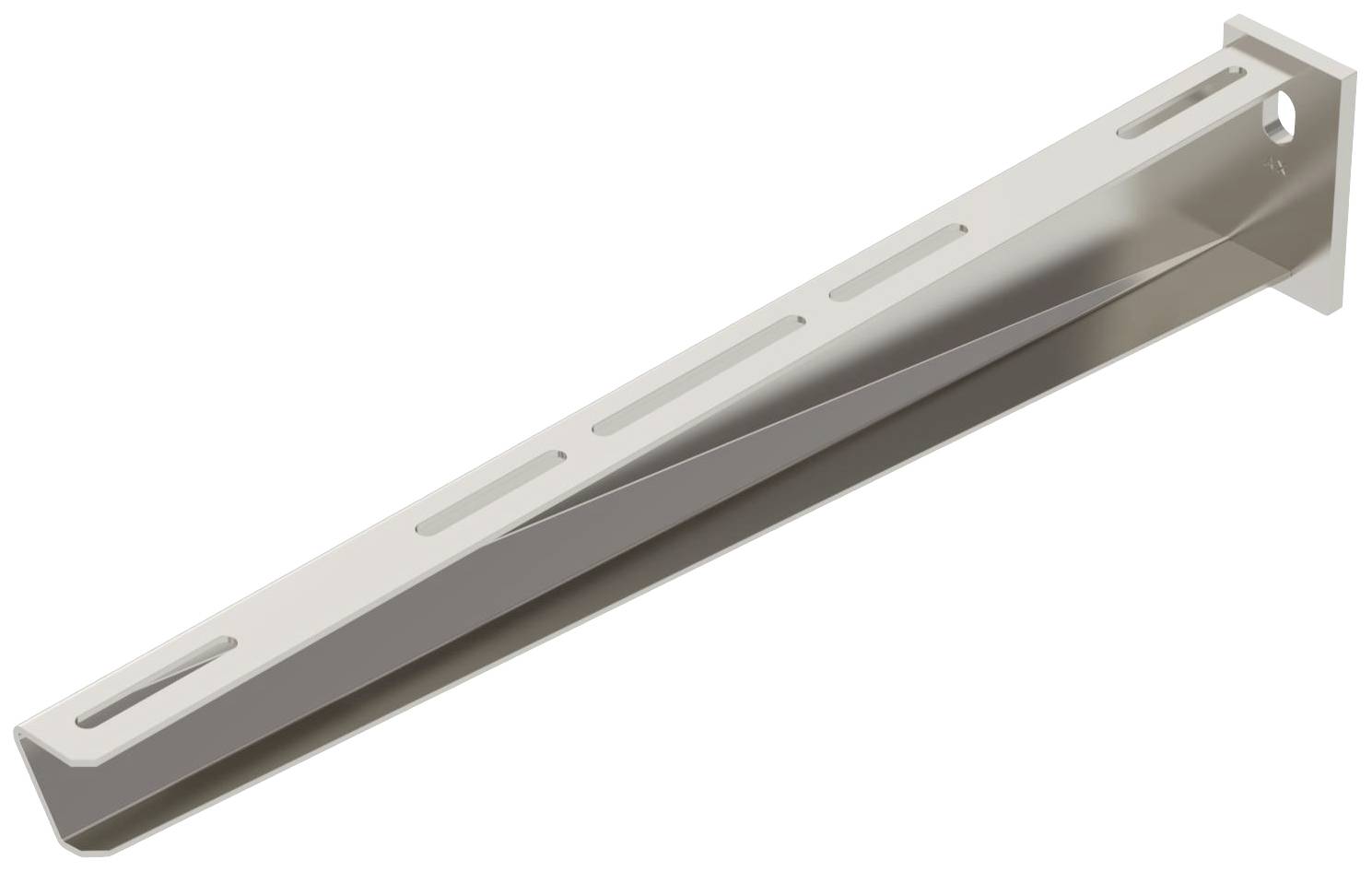 Eine robuste Metallhalterung mit mehreren Befestigungsschlitzen, geeignet für die Wandmontage von Regalen oder ähnlichen Strukturen.