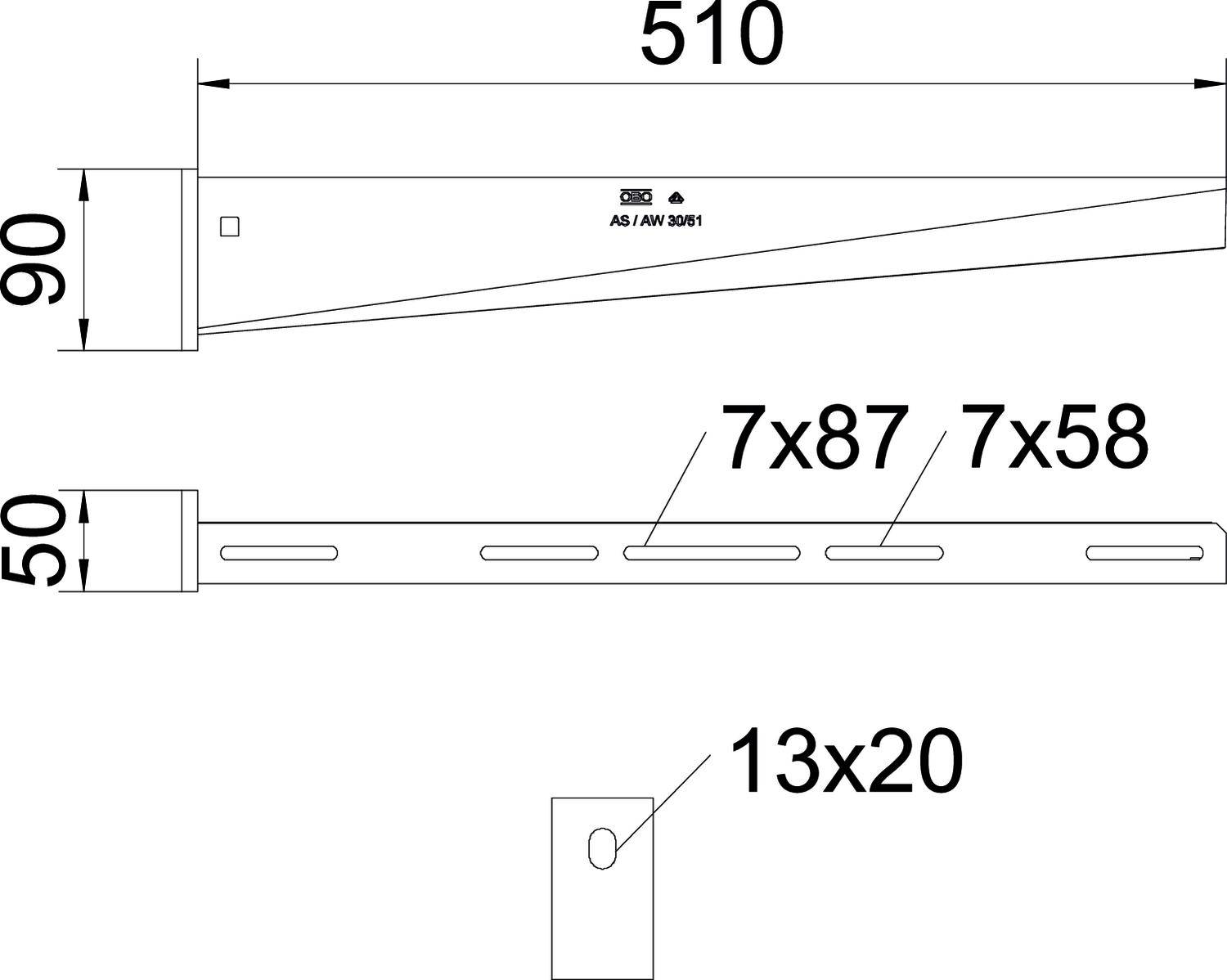 Technische Zeichnung eines Metallwinkels: Länge 510 mm, Höhe 90 mm, Tiefe 50 mm; sieben rechteckige Aussparungen, Bohrung 13x20 mm.