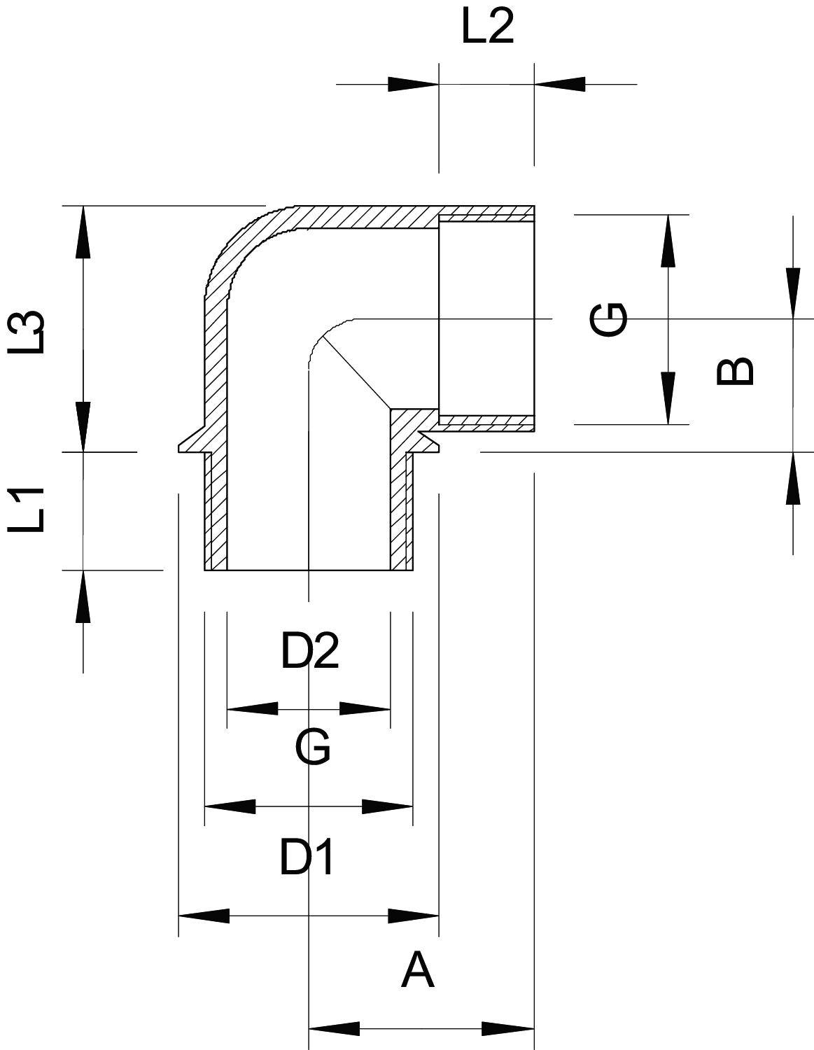 Technische Zeichnung eines Rohrwinkels mit Abmessungen: L1, L2, L3, D1, D2, A, B. Zeigt Verbindung an einem rechten Winkel.