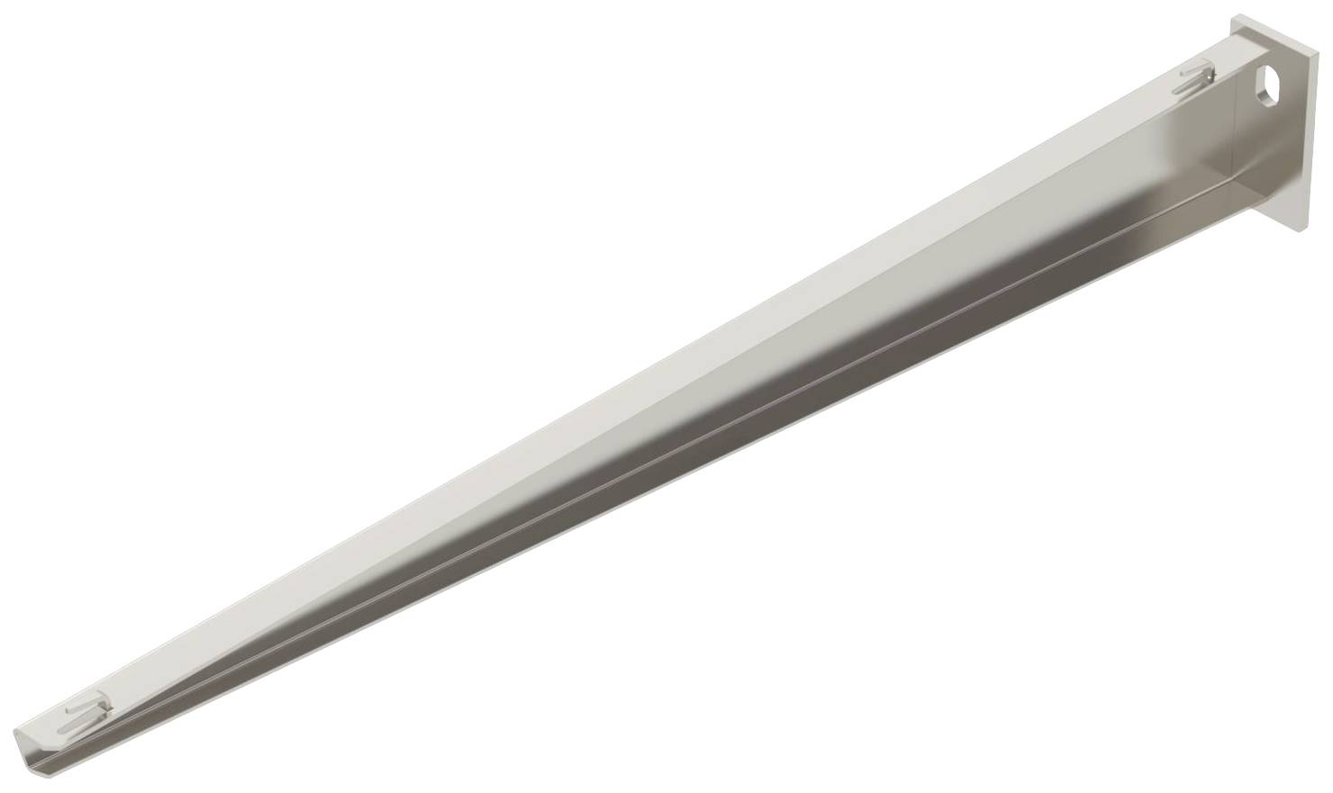 Ein weißer Regalträger aus Metall, schräg nach oben zeigend, mit Befestigungslöchern am breiteren Ende.