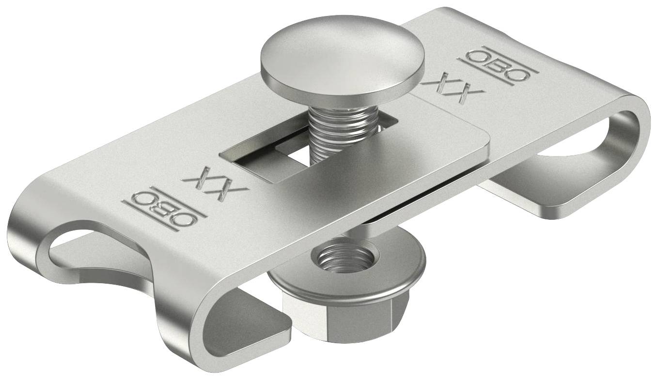 Metallklemme mit Schraubenmechanismus zur Kabelbefestigung. Auf dem Metall sind die Buchstaben 'XX' und das Logo 'OBO' eingraviert.