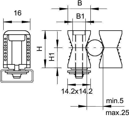 Technische Zeichnung eines Verbindungsstücks mit Maßangaben: 16, B, B1, H, H1, 14.2x14.2, min. 5, max. 25.
