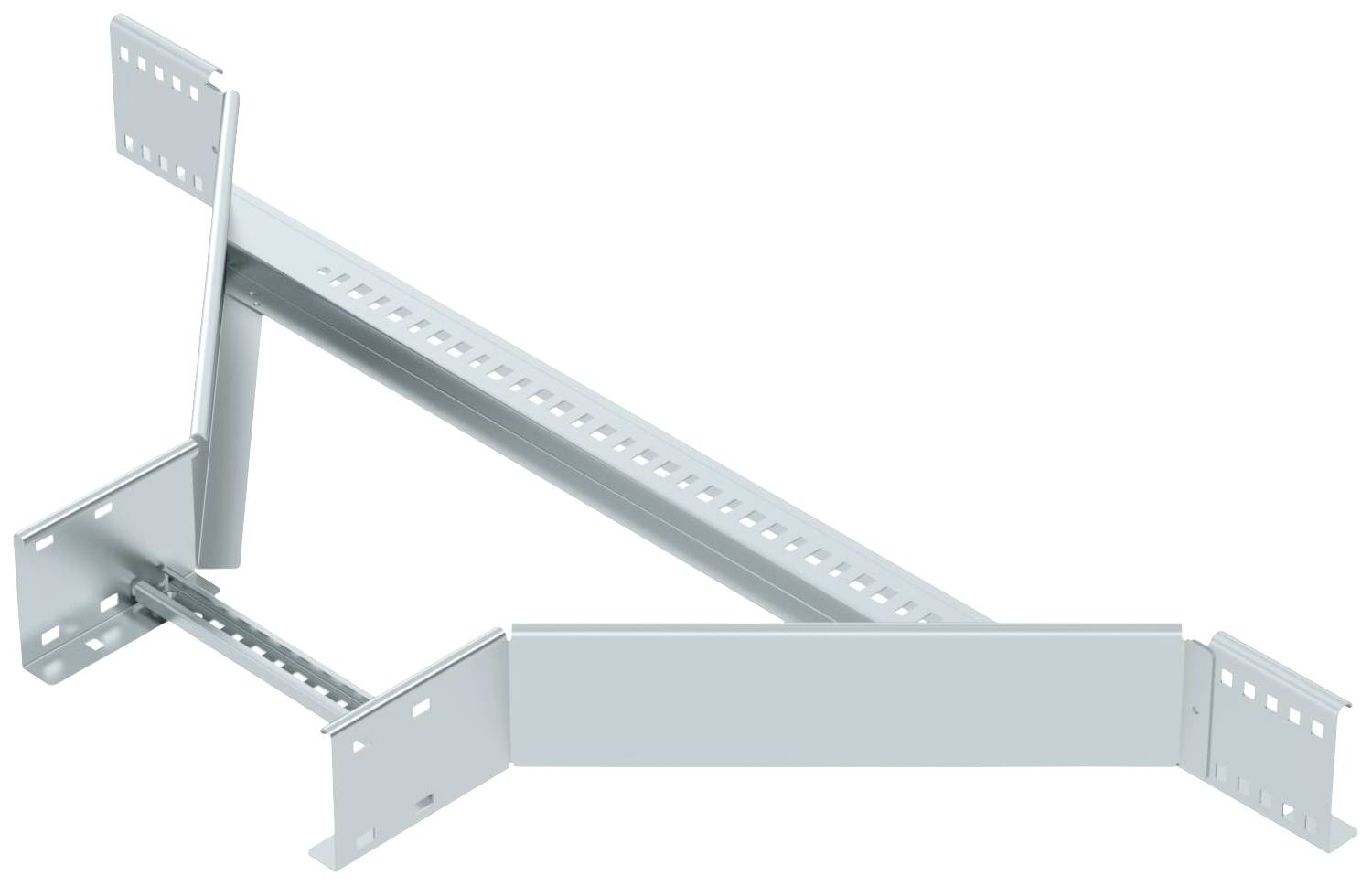 Metallischer Halterahmen für Kabelmanagement, bestehend aus perforierten, rechtwinklig verbundenen Schienen, geeignet für Deckenmontage.