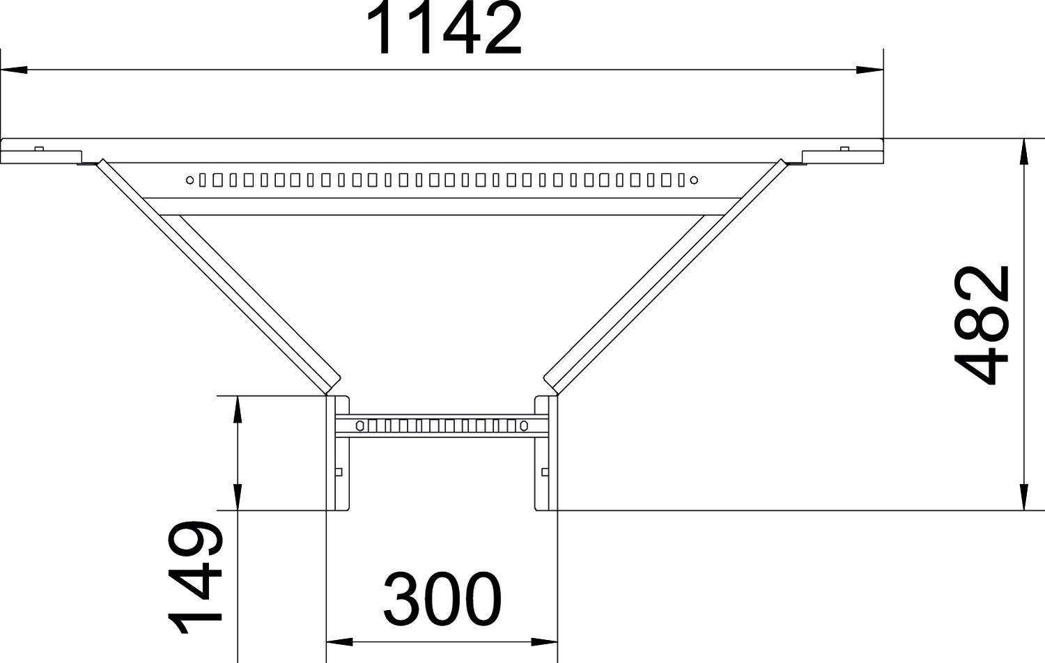 Technische Zeichnung eines Brückenelements mit Maßen: 1142 mm Länge, 482 mm Höhe, 300 mm Breite unten und 149 mm Höhe mittig.