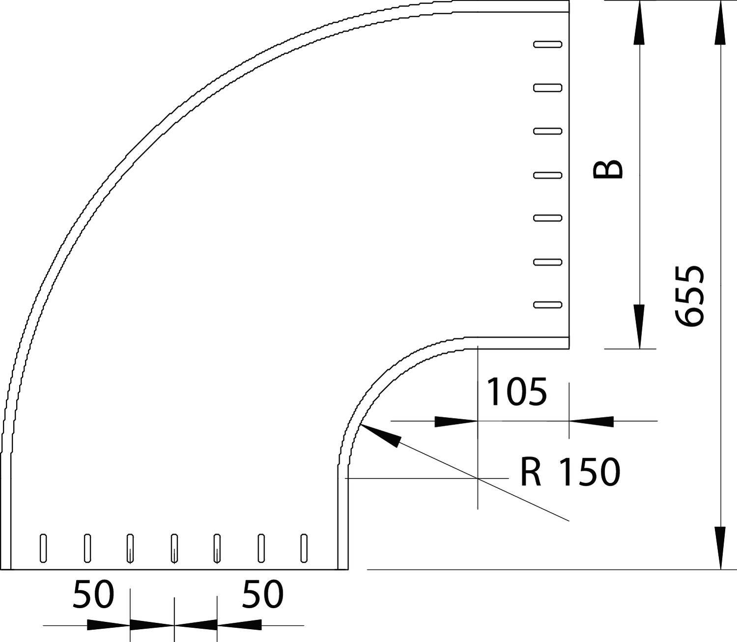 Technische Zeichnung eines rechtwinkligen Rohrbogens. Maße: Radius 150 mm, Breite 105 mm, Höhe 655 mm. Linie zeigt Krümmungsverlauf.