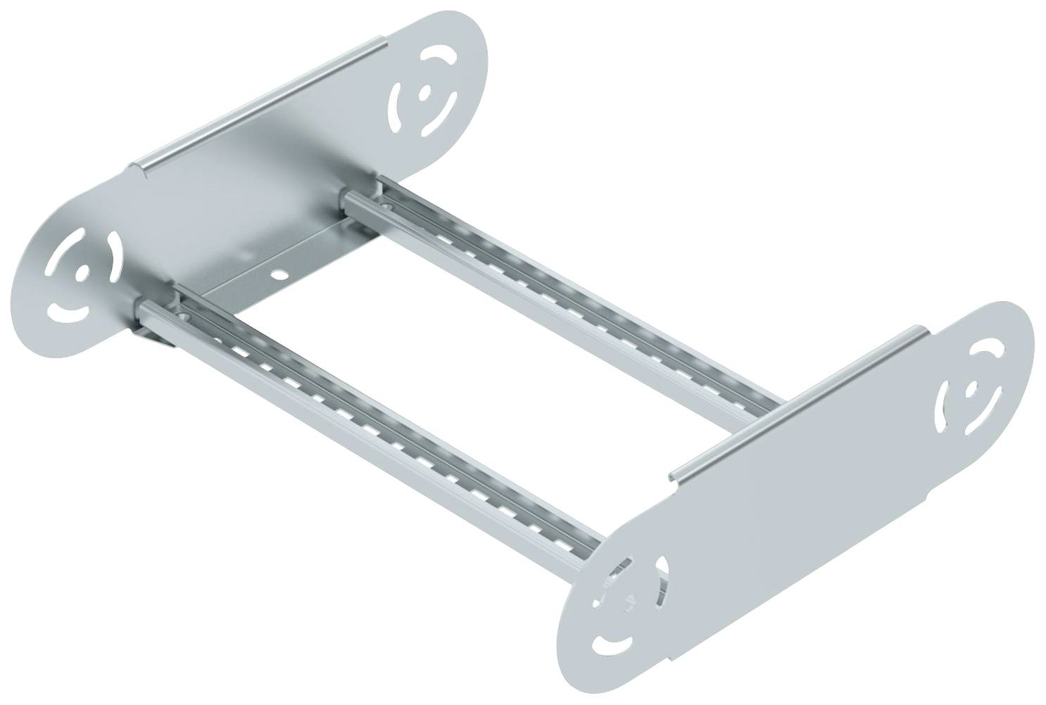 Metallschiene mit zwei parallelen Schienen und ovalen Endklammern, geeignet zur Montage oder Befestigung in technischen Anwendungen.