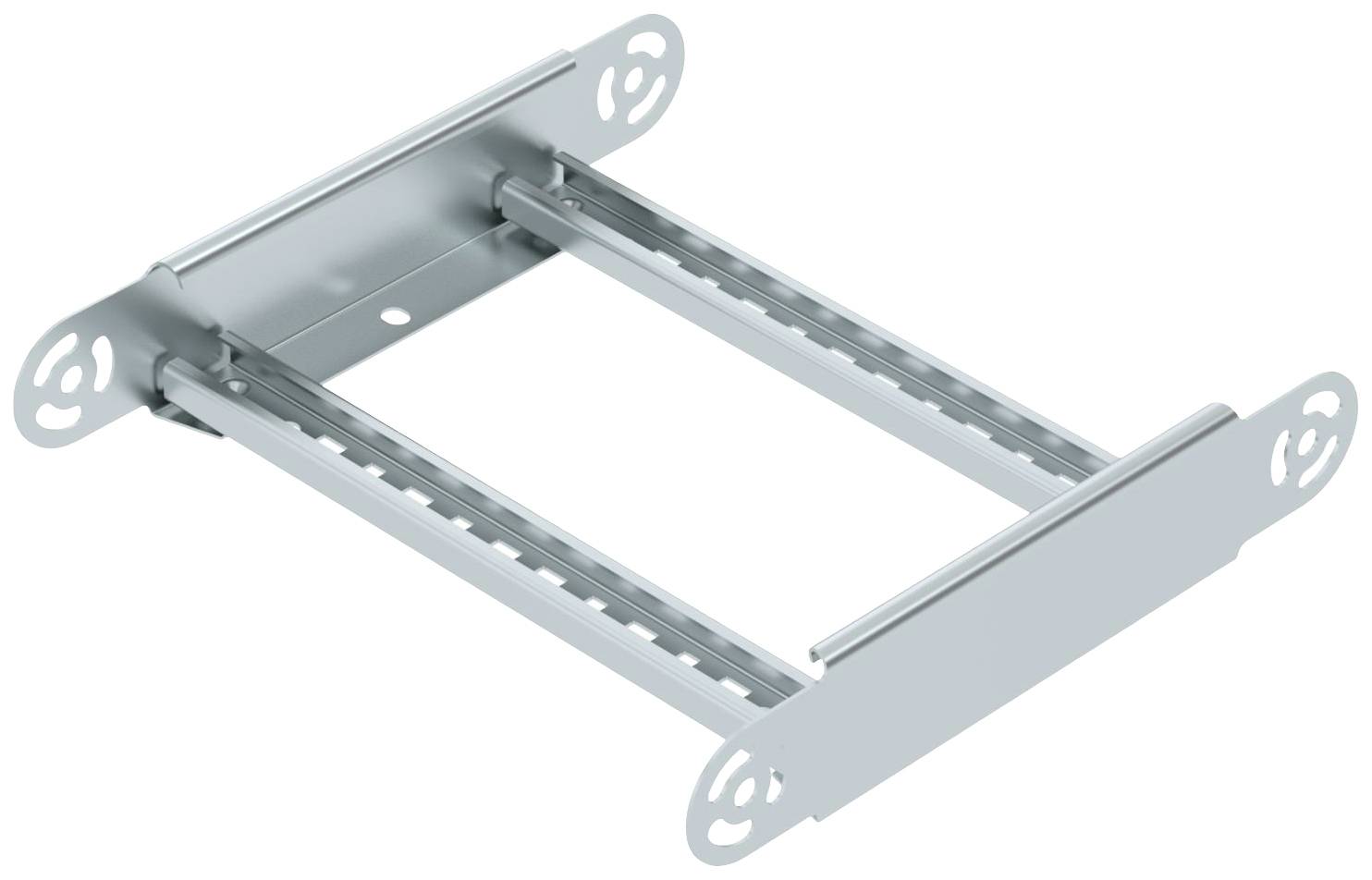 Ein silberner Metallhalter mit zwei Schienen, die in der Mitte parallel verlaufen. Geeignet zur Befestigung von Geräten oder Komponenten.