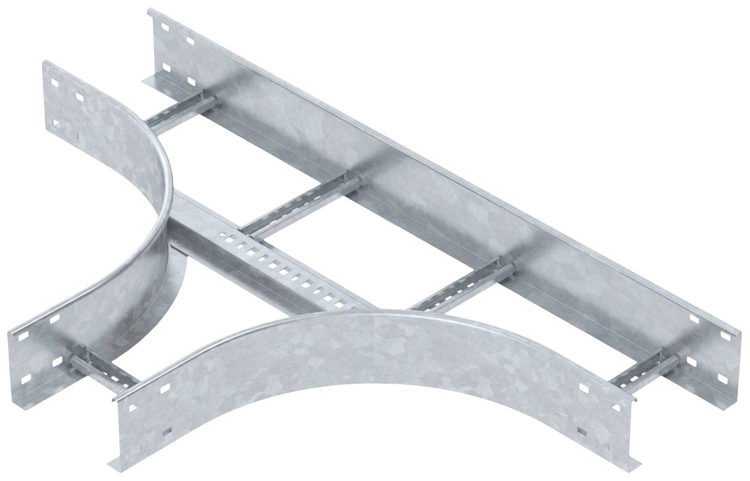 Ein grauer Metallkabelkanal mit gebogenen Seitenwänden, geeignet zur Unterstützung und Führung von Kabeln in elektrischen Installationen.