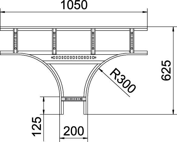 Technische Zeichnung eines Rohrs mit Abmessungen. Die Breite beträgt 1050 mm, die Höhe 625 mm. Radius R300, weitere Maße 125 mm und 200 mm.