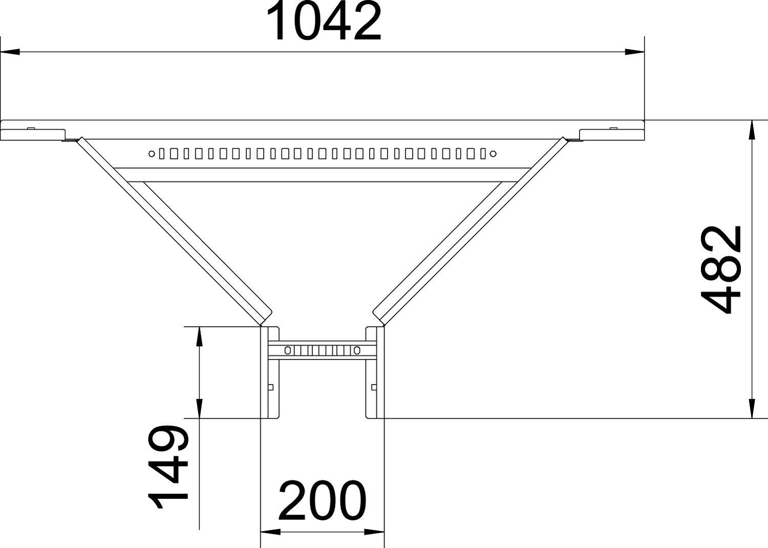 Technische Zeichnung mit Maßen eines Objekts: Breite 1042 mm, Höhe 482 mm, andere Maße 149 mm und 200 mm.
