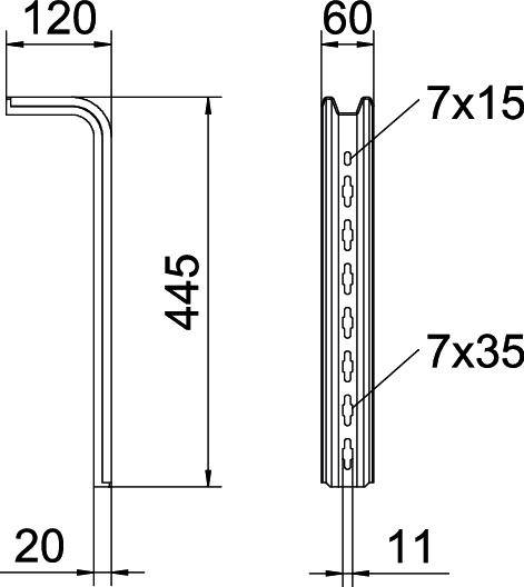 Seitenansicht und Vorderansicht eines Metallprofils mit Bemaßungen: 120x445x20 mm, 60x11 mm; Lochgrößen 7x15 mm und 7x35 mm.