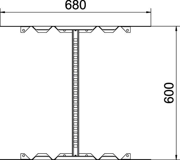 Technische Zeichnung mit Maße: Breite 680 mm, Höhe 600 mm. Diagramm zeigt Struktur mit symmetrischen Details oben und unten.