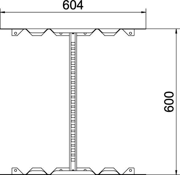 Technische Zeichnung eines Kabelkanals: Breite 604 mm, Höhe 600 mm. Rechteckige Form mit markierten Maßen.