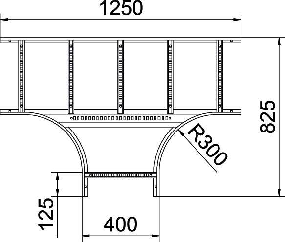 Technische Zeichnung einer Brückenkonstruktion. Maße: 1250 mm Breite, 825 mm Höhe, 400 mm Bogenbreite, R300 mm Bogenradius.