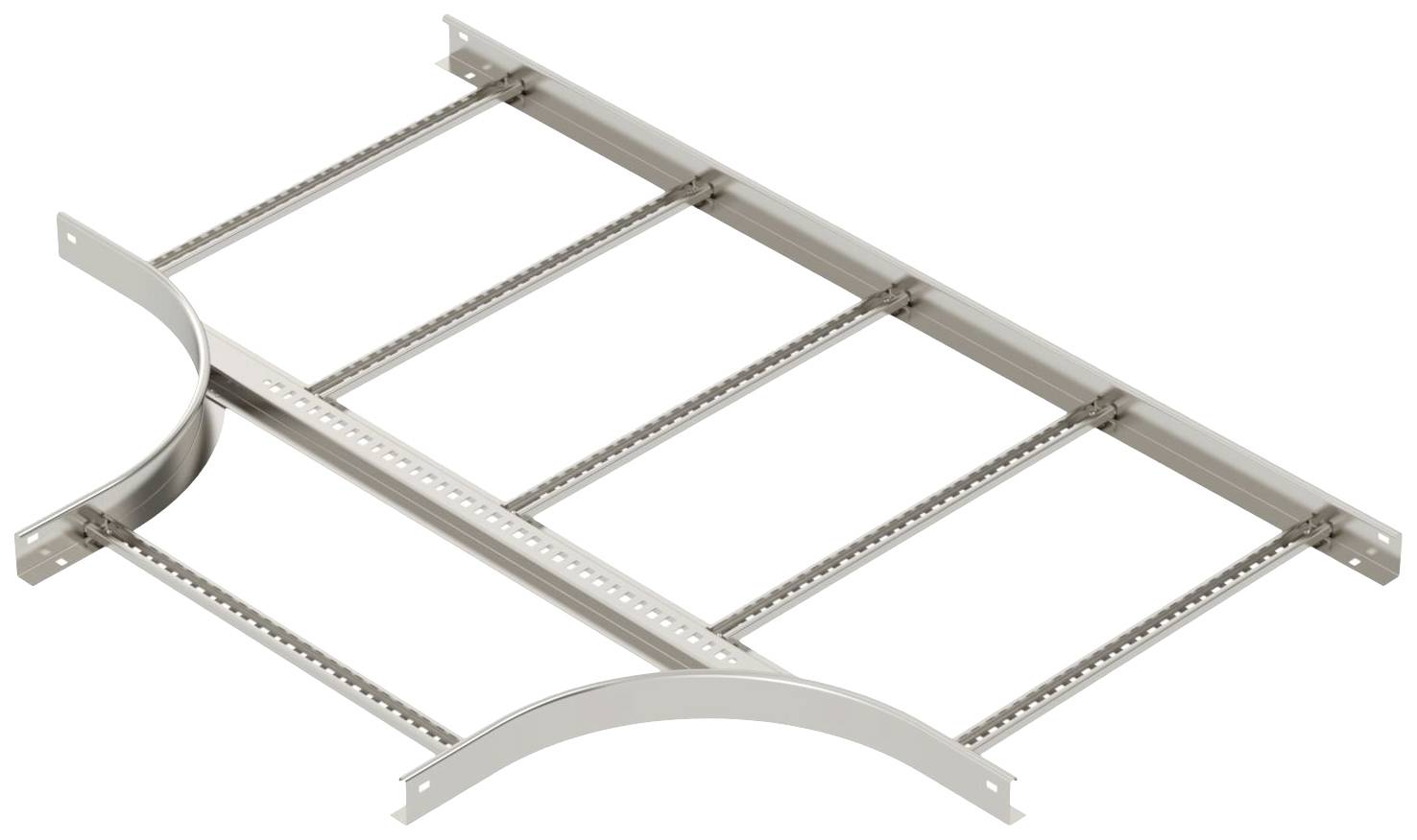 Metallene Kabelrinne mit mehreren Querschienen und gebogenen Seitenteilen zur Unterstützung und Organisation von Kabeln.