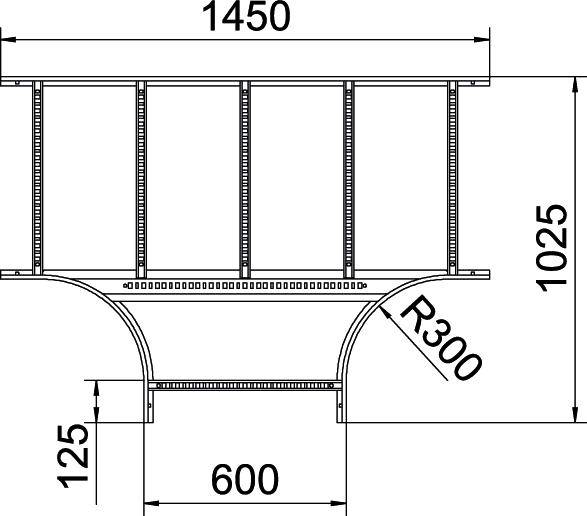 Technische Zeichnung eines Brückenquerschnitts mit Maßen: Breite 1450 mm, Höhe 1025 mm, Krümmungsradius 300 mm, unterer Abstand 125 mm, Mittellinie 600 mm.