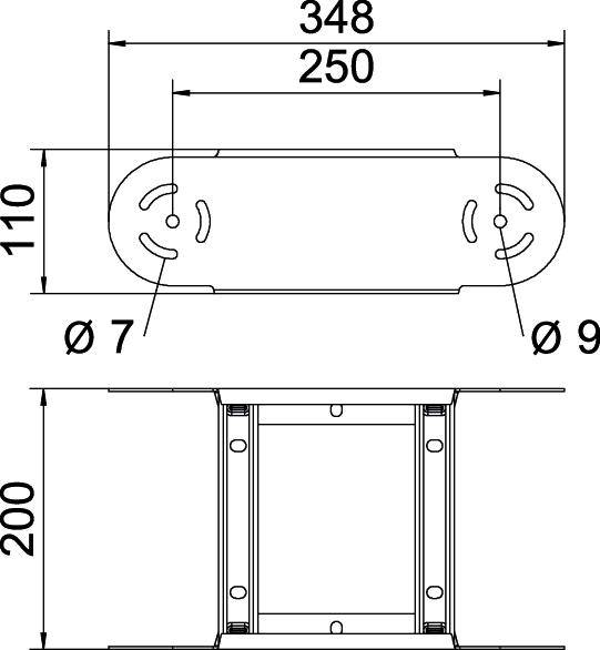 Technische Zeichnung eines rechteckigen Objekts mit Bohrungen und Abmessungen: 348 x 110 mm; weitere Details: Ø 7 mm, Ø 9 mm, Höhe 200 mm.