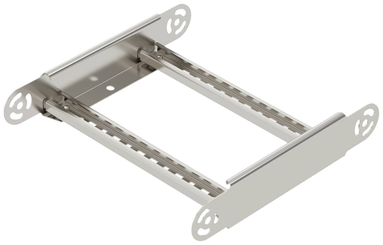 Metallhalterung mit verstellbaren Armen, geeignet zur Befestigung oder Montage von Objekten. Sie hat perforierte Enden zur Befestigung.