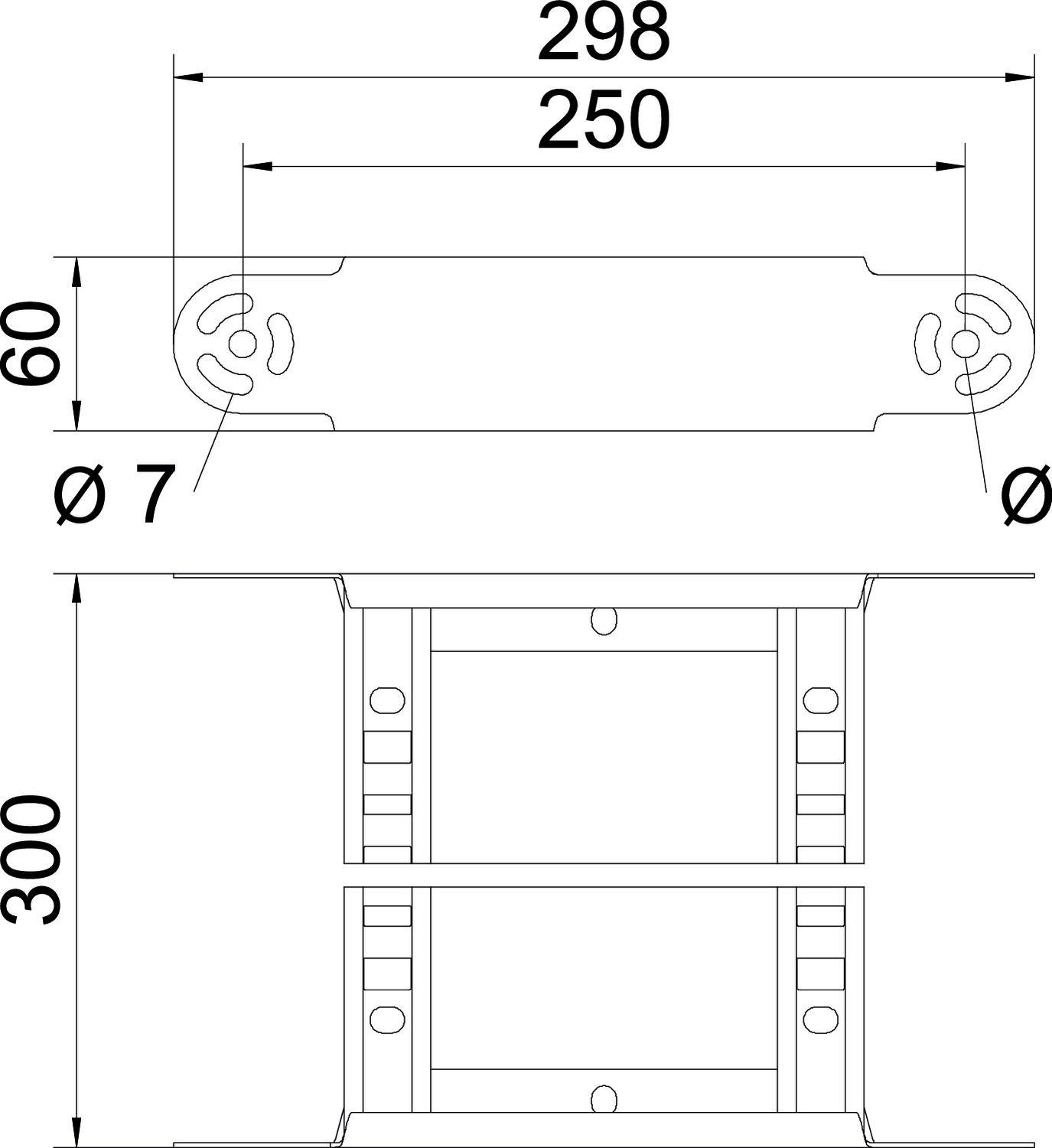 Technische Zeichnung eines Bauteils mit Maßen: Länge 298 mm, Breite 60 mm, Lochdurchmesser 7 mm; Detailansicht oben und seitlich.