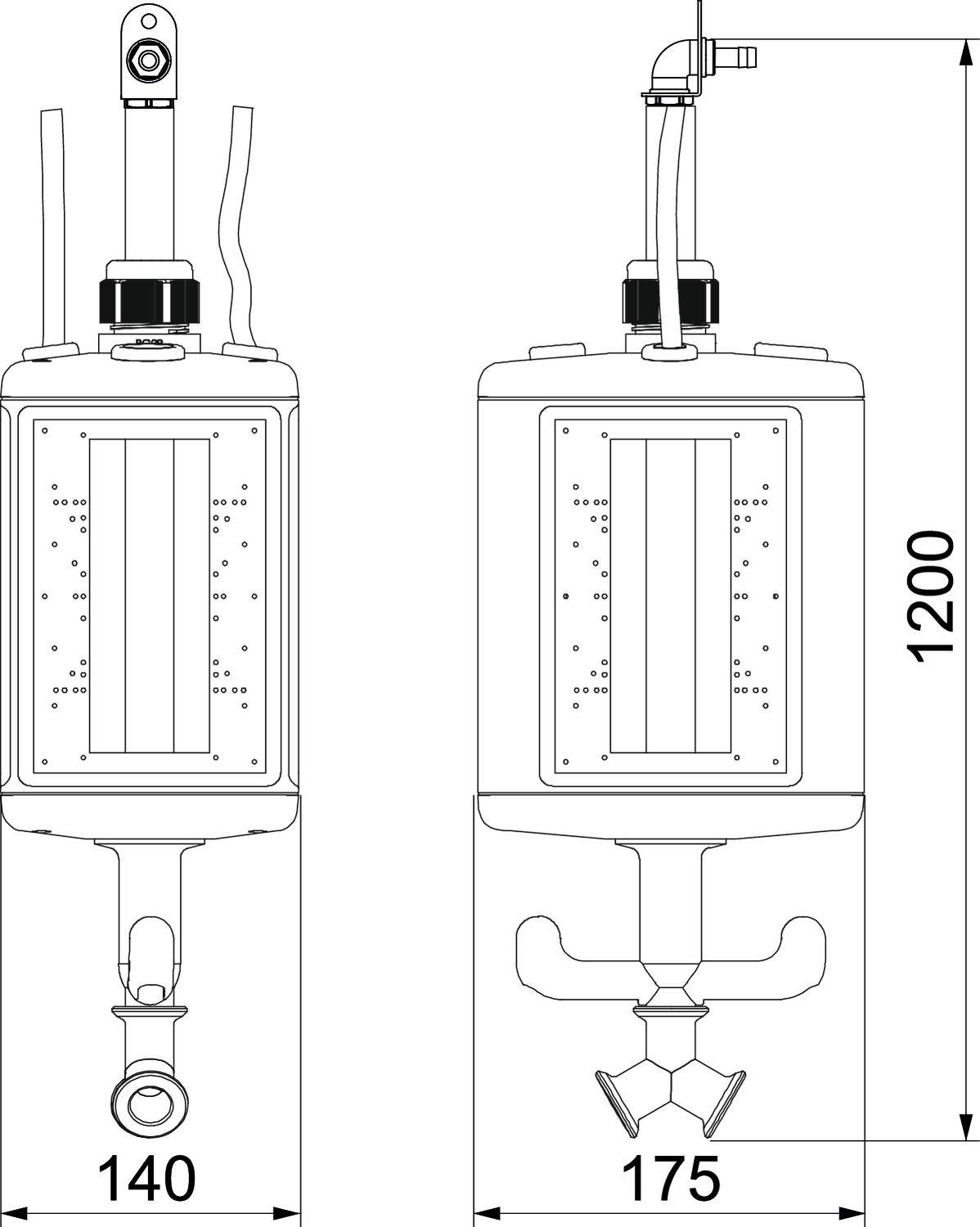 Technische Zeichnung eines rechteckigen Tanks mit Maßen: 140 mm Breite, 175 mm Tiefe, 1200 mm Höhe. Enthält Rohre und Ventile.