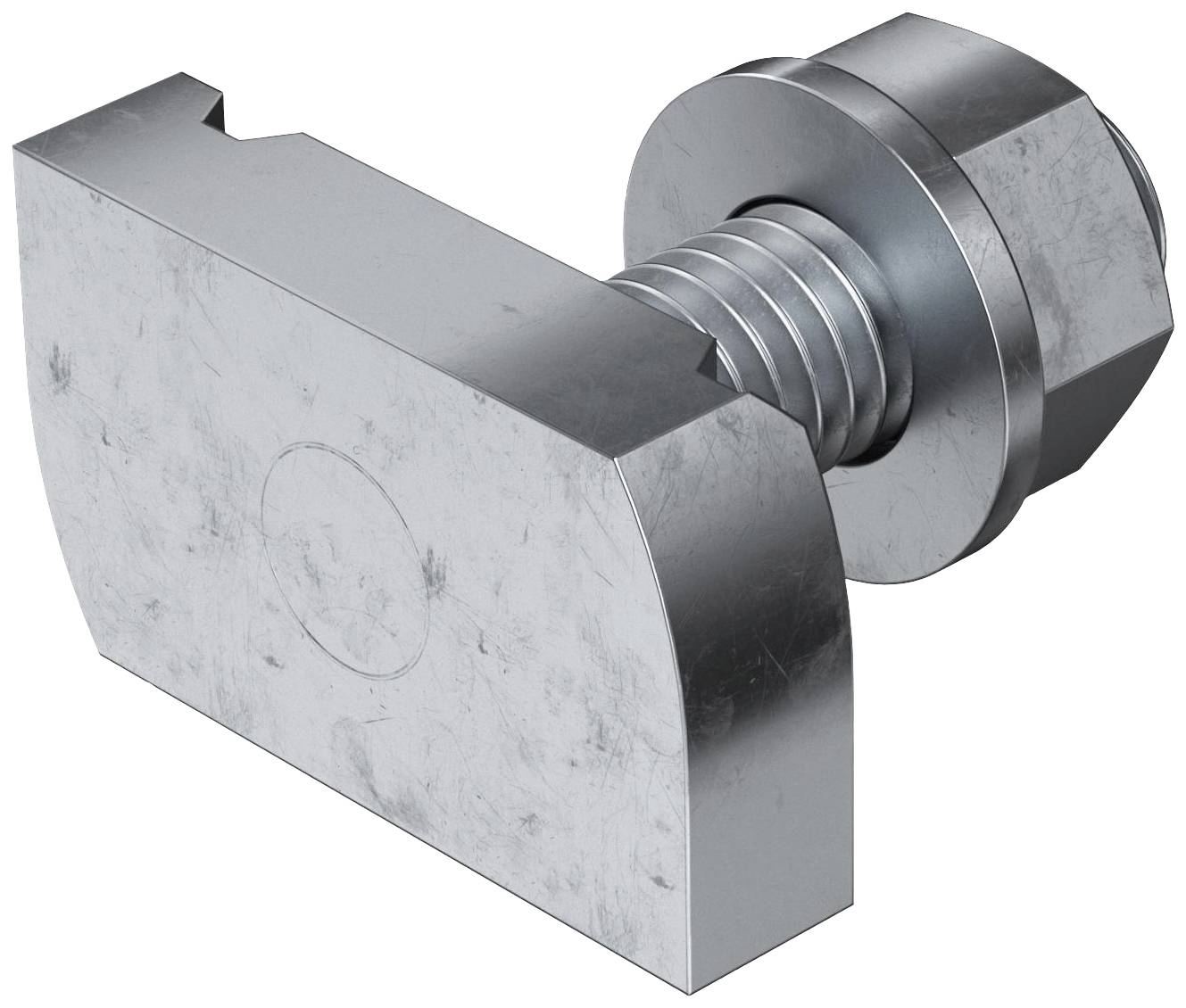 Metallschraubverbindung mit Mutter, Unterlegscheibe und quadratischem Kopf. Sie zeigt die Komponenten eines mechanischen Befestigungssystems.