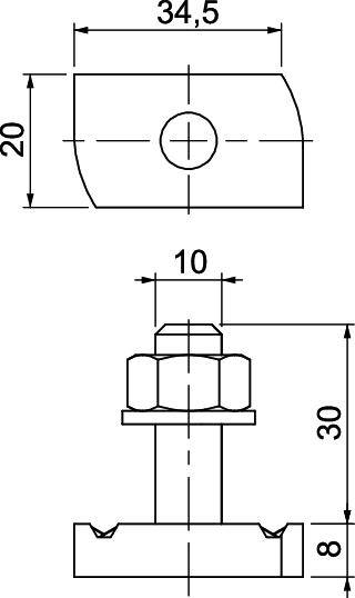 Technische Zeichnung eines T-Nutensteins mit Maßen: Breite 34,5 mm, Höhe 20 mm, Gesamthöhe inklusive Schraube 30 mm, Nutbreite 10 mm.