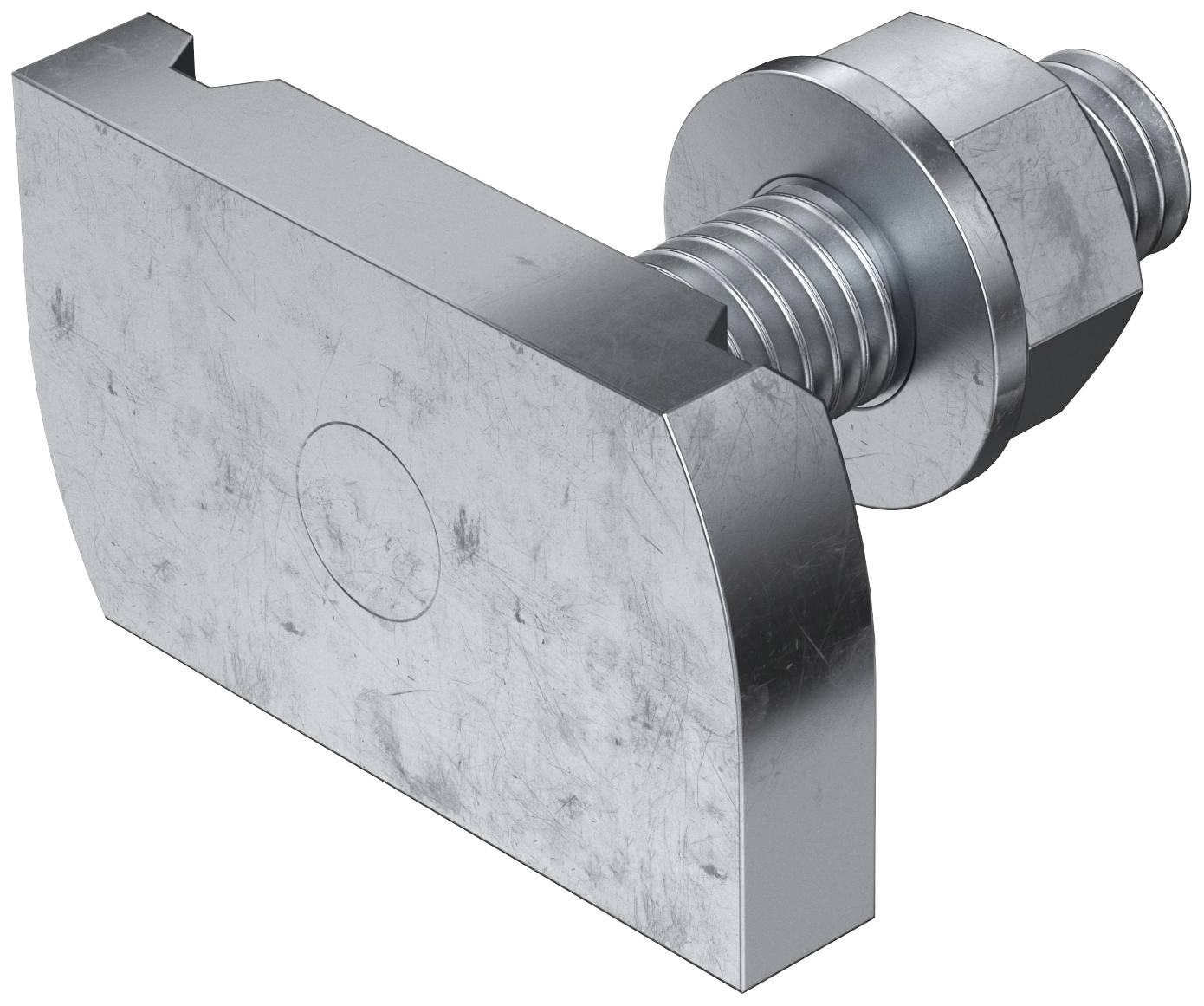 Metallbolzen mit rechteckiger Grundplatte und Schraubengewinde, verwendet zur Verbindung von Maschinenteilen.