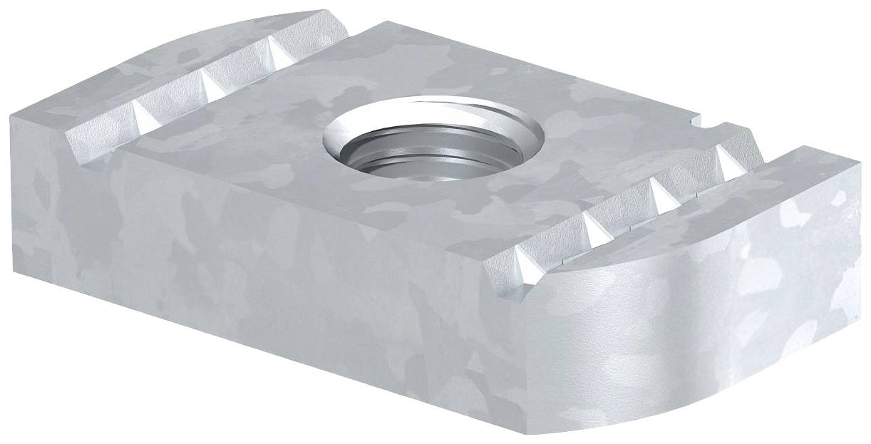 Metallische Gleitmutter mit einem zentralen runden Loch in der Mitte, rechteckige Form, mit diagonalen Rillen an den Seiten für besseren Halt.