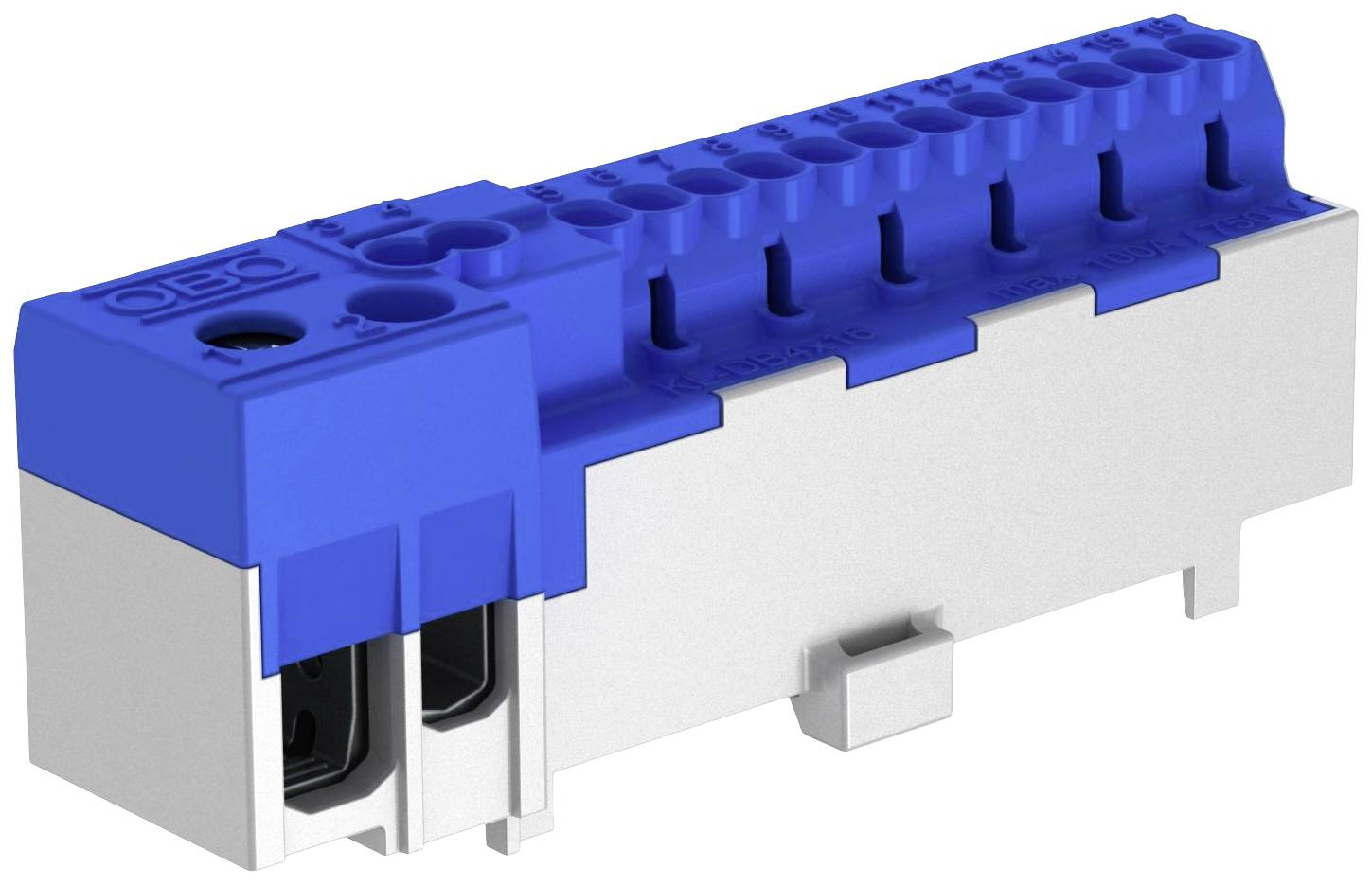Ein blauer und grauer elektrischer Steckverbinder mit mehreren Anschlussstellen und markierten Einführungen für Kabel.